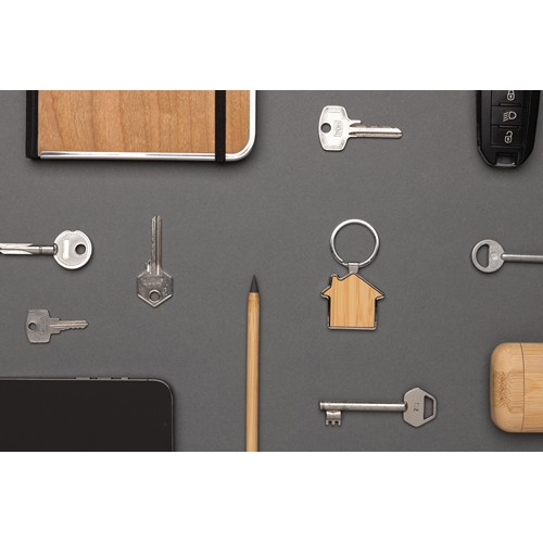 Porte-clés maison en alliage de zinc RCS et bambou
