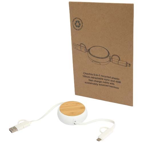 Câble rétractable 5 en 1 Chechia de 100 cm en plastique recyclé pour la synchronisation des données et la charge rapide de 45