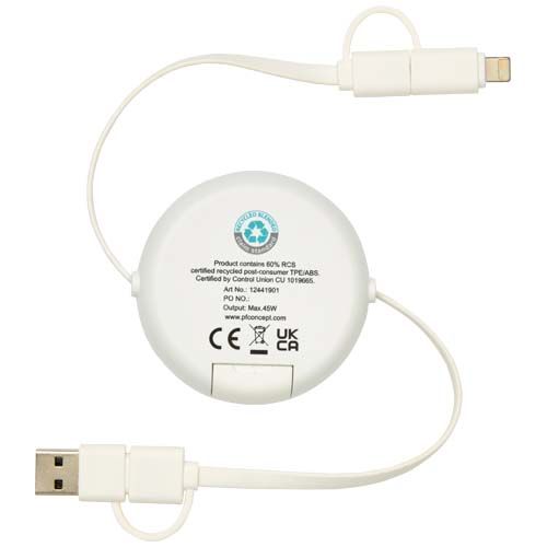 Câble rétractable 5 en 1 Chechia de 100 cm en plastique recyclé pour la synchronisation des données et la charge rapide de 45