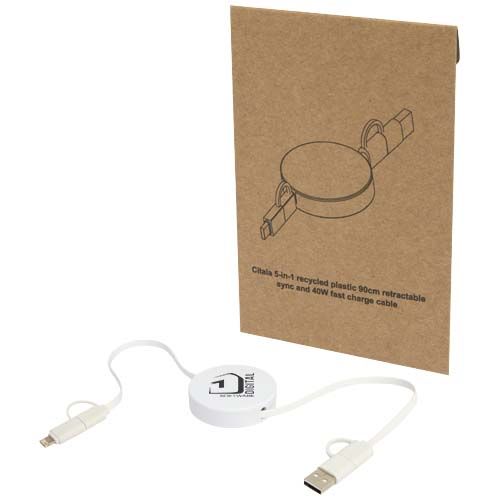 Câble rétractable 5 en 1 Citala en plastique recyclé de 90 cm pour la synchronisation des données et la charge rapide de 40 W
