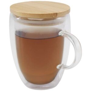 Tasse en verre Leona de 350 ml avec couvercle en bambou