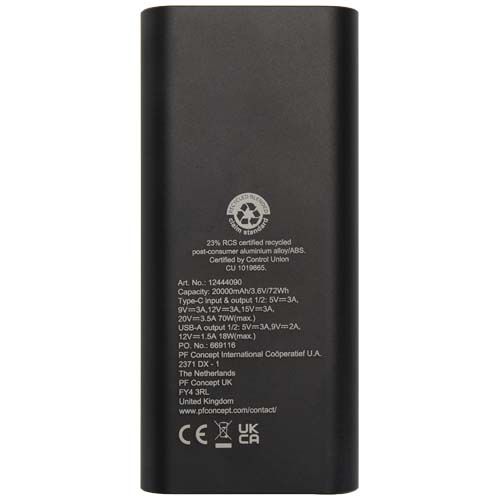 Batterie de secours Acamar de 20 000 mAh et 70 W en aluminium recyclé pour ordinateur portable
