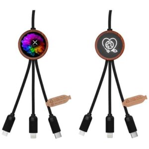 Câble de charge 5-en-1 SCX.design C37 en rPET avec logo lumineux et boîtier rond en bois de 40 W