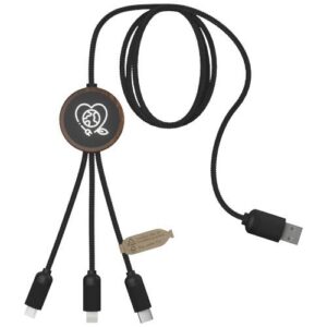 Câble de charge 3-en-1 SCX.design C36 en rPET avec logo lumineux et boîtier rond en bois
