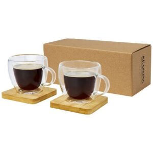 Tasse Manti 2 pièces en verre à double paroi de 100 ml avec sous-verre en bambou