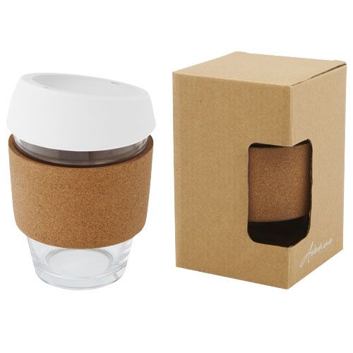 Gobelet Lidan de 360 ml en verre borosilicate avec grip en liège et couvercle en silicone