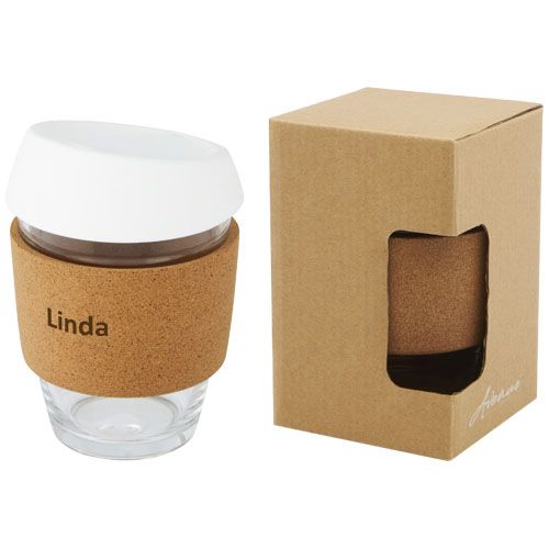 Gobelet Lidan de 360 ml en verre borosilicate avec grip en liège et couvercle en silicone