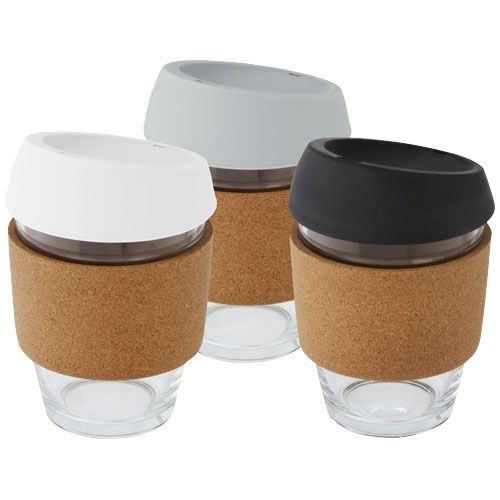 Gobelet Lidan de 360 ml en verre borosilicate avec grip en liège et couvercle en silicone