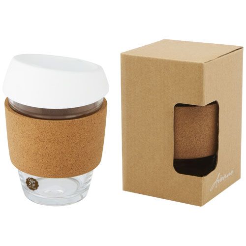 Gobelet Lidan de 360 ml en verre borosilicate avec grip en liège et couvercle en silicone