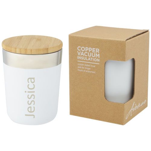 Gobelet Lagan de 330 ml en acier inoxydable avec isolation par le vide et couche de cuivre, avec couvercle en bambou