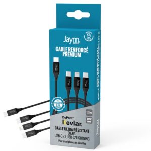 CABLE 3-EN-1 RENFORCÉ USB-C VERS DOUBLE USB-C PD 3.0 (60W) / LIGHTNING PD (27W)