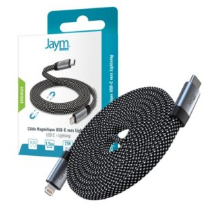 CABLE CHARGE USB-C VERS LIGHTNING PD 3.0 (27W) - MAGNÉTIQUE FORMAT PLAT - GARANTIE A VIE - 1.5M - GRIS -
