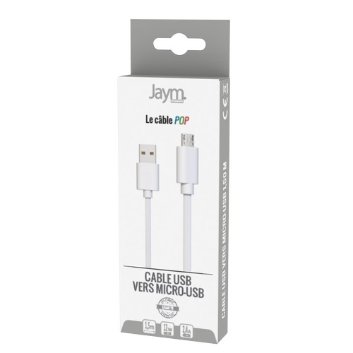 CABLE CHARGE USB-A VERS MICRO-USB - LONGUEUR 1.5M - BLANC -