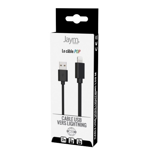CABLE CHARGE USB-A VERS LIGHTNING - LONGUEUR 1.5M - NOIR -