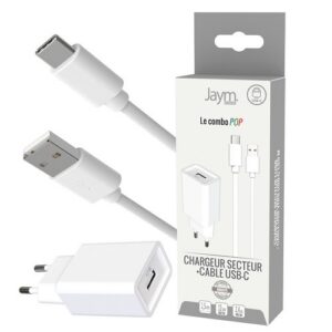 CHARGEUR SECTEUR USB-A + CABLE USB-A VERS USB-C 1.5M - BLANCS - JAYM® POP