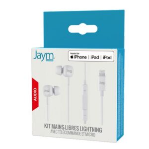 ECOUTEURS INTRA-AURICULAIRE LIGHTNING (MFI) + TELECOMMANDE + MICRO BLANC - JAYM®