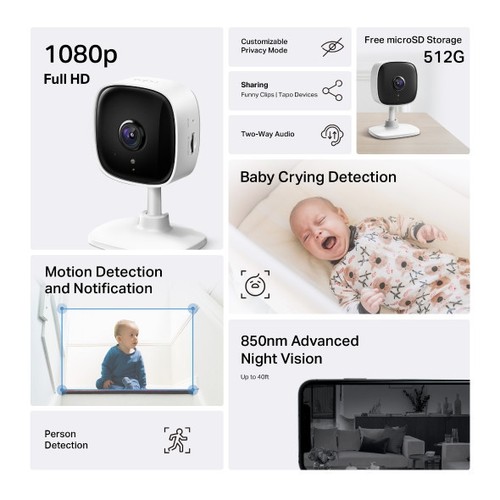 CAMERA WIFI POUR INTERIEUR AVEC ENREGISTREMENT - VISION NOCTURNE - VIDEO 1080P FULL HD - TAPO