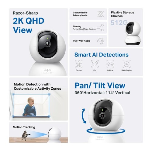 CAMERA WIFI DE SECURITE POUR INTERIEUR AVEC ENREGISTREMENT - ROTATIVE 360° ET INCLINABLE 114° - VIDEO 2K 4MP QHD - TAPO