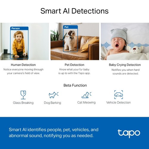 CAMERA WIFI DE SECURITE POUR INTERIEUR AVEC ENREGISTREMENT - ROTATIVE 360° ET INCLINABLE 114° - VIDEO 2K 4MP QHD - TAPO