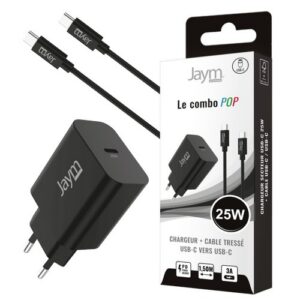 PACK CHARGEUR SECTEUR USB-C PD 25W + CABLE TRESSÉ USB-C VERS USB-C 1.5M (60W) - NOIR - JAYM® POP