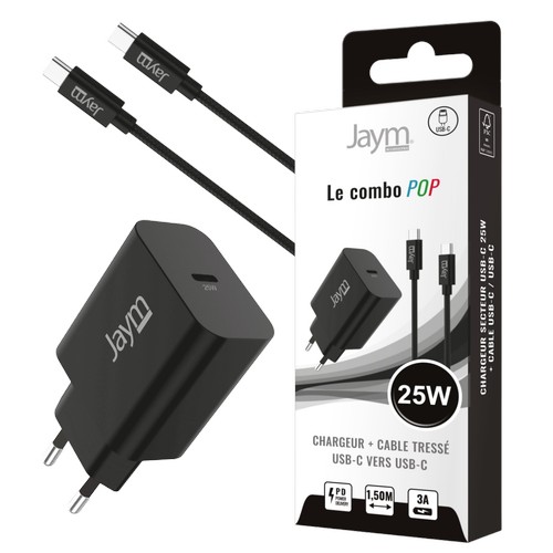 PACK CHARGEUR SECTEUR USB-C PD 25W + CABLE TRESSÉ USB-C VERS USB-C 1.5M (60W) - NOIR - JAYM® POP