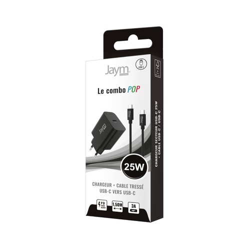 PACK CHARGEUR SECTEUR USB-C PD 25W + CABLE TRESSÉ USB-C VERS USB-C 1.5M (60W) - NOIR - JAYM® POP