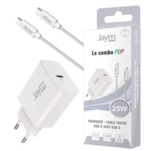 PACK CHARGEUR SECTEUR USB-C PD 25W + CABLE TRESSÉ USB-C VERS USB-C 1.5M (60W) - BLANC - JAYM® POP