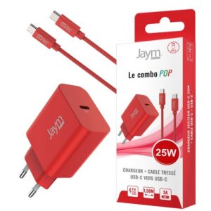PACK CHARGEUR SECTEUR USB-C PD 25W + CABLE TRESSÉ USB-C VERS USB-C 1.5M (60W) - ROUGE - JAYM® POP