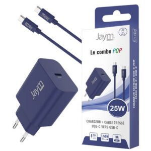 PACK CHARGEUR SECTEUR USB-C PD 25W + CABLE TRESSÉ USB-C VERS USB-C 1.5M (60W) - BLEU MARINE - JAYM® POP