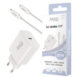 PACK CHARGEUR SECTEUR USB-C PD 25W + CABLE TRESSÉ USB-C VERS LIGHTNING 1.5M (27W) - BLANC - JAYM® POP