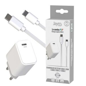 CHARGEUR SECTEUR USB-C PD 20W + CABLE USB-C VERS USB-C 1.5M - BLANCS