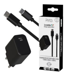 CHARGEUR SECTEUR USB-C PD 20W + CABLE USB-C VERS USB-C 1.5M - NOIRS