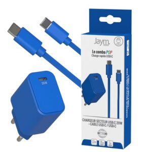 CHARGEUR SECTEUR USB-C PD 20W + CABLE USB-C VERS USB-C 1.5M - BLEU COBALT