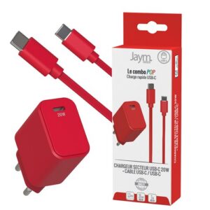 CHARGEUR SECTEUR USB-C PD 20W + CABLE USB-C VERS USB-C 1.5M - ROUGE