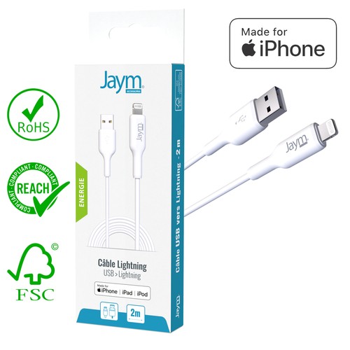 CABLE CHARGE USB-A VERS LIGHTNING MFI - LONGUEUR 2M - BLANC -