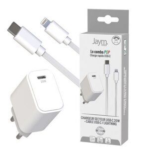 CHARGEUR SECTEUR USB-C PD 20W + CABLE USB-C VERS LIGHTNING 1.5M