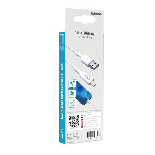 CABLE CHARGE USB-A VERS LIGHTNING MFI - LONGUEUR 2M - BLANC -