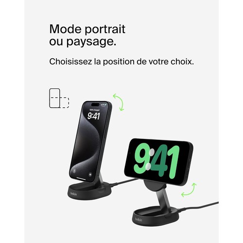 STATION DE RECHARGE RETRACTABLE AVEC INDUCTION Qi2 15W POUR IPHONE - NOIR - BELKIN