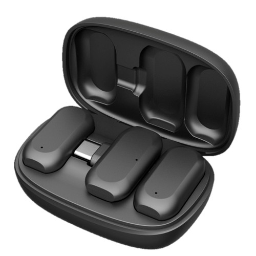 PACK 2 MICROPHONES CRAVATE 2 EN 1 SANS FIL AVEC PINCE + BOITIER DE RECHARGE - TRANS. USB-C - HD NOISE CANC. ANC - NOIR - DEVIA