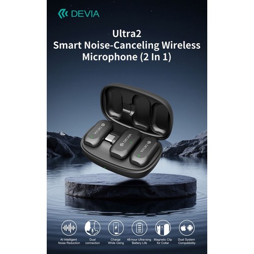 PACK 2 MICROPHONES CRAVATE 2 EN 1 SANS FIL AVEC PINCE + BOITIER DE RECHARGE - TRANS. USB-C - HD NOISE CANC. ANC - NOIR - DEVIA