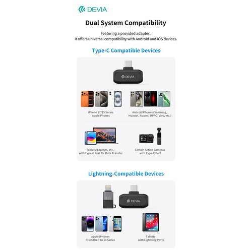 PACK 2 MICROPHONES CRAVATE 2 EN 1 SANS FIL AVEC PINCE + BOITIER DE RECHARGE - TRANS. USB-C - HD NOISE CANC. ANC - NOIR - DEVIA