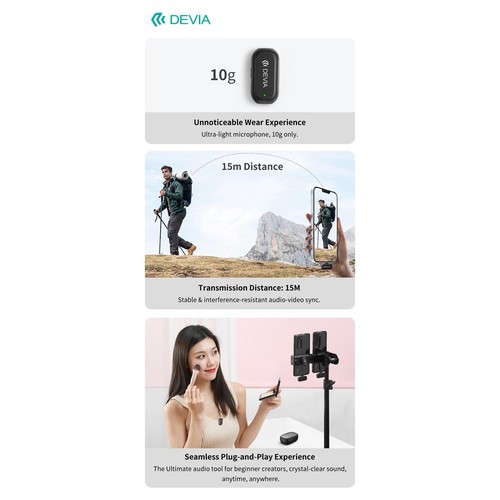 PACK 2 MICROPHONES CRAVATE 2 EN 1 SANS FIL AVEC PINCE + BOITIER DE RECHARGE - TRANS. USB-C - HD NOISE CANC. ANC - NOIR - DEVIA