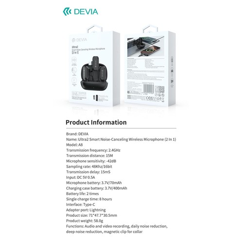 PACK 2 MICROPHONES CRAVATE 2 EN 1 SANS FIL AVEC PINCE + BOITIER DE RECHARGE - TRANS. USB-C - HD NOISE CANC. ANC - NOIR - DEVIA