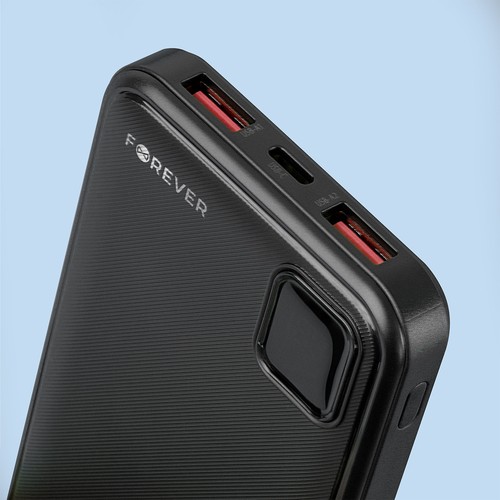 BATTERIE DE SECOURS 10 000 MAH 2 USB-A OUT + 1 USB-C IN/OUT - NOIR - FOREVER
