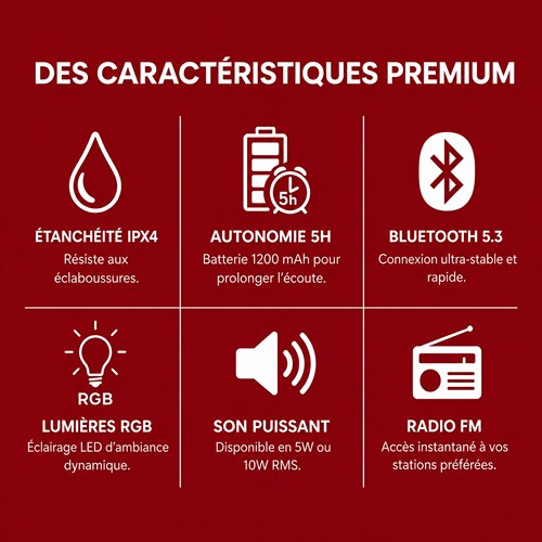 ENCEINTE BLUETOOTH PORTABLE 10W - LED D'AMBIANCE + RADIO FM - IPX4 - NOIR - ON AIR® BIG
